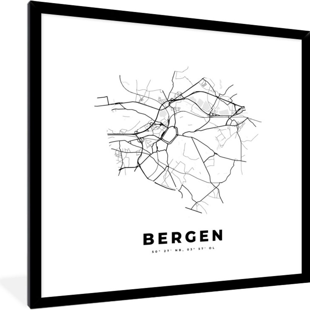 MuchoWow Gerahmtes Poster Stadtplan - Mons - Karte - Belgien - Schwarz und weiß 40x40 cm - Poster mit Schwarzem Bilderrahmen Wandposter Rahmen F...