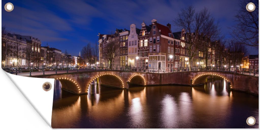 MuchoWow 60x30 cm Outdoor-Poster Gartendeko Sichtschutz Garten Poster für den Garten Amsterdam - Wasser - Nacht