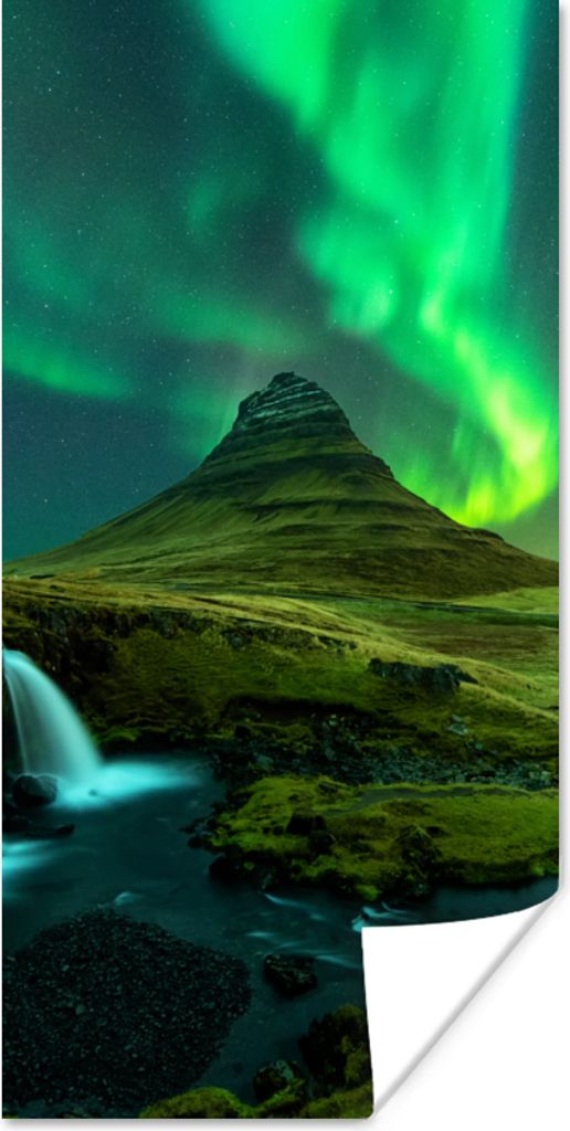 MuchoWow Poster Nordlichter - Wasserfall - Berg - Island 75x150 cm - Dekoration für die Wände