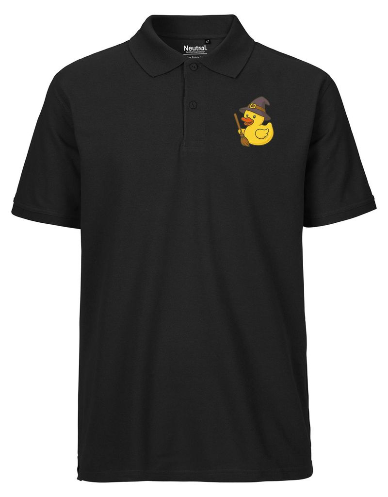 Huuraa Herren Polo Shirt Quietscheente Hexe Comic Gummiente XXL Black Bio Baumwolle Fairtrade Poloshirt Geschenkidee