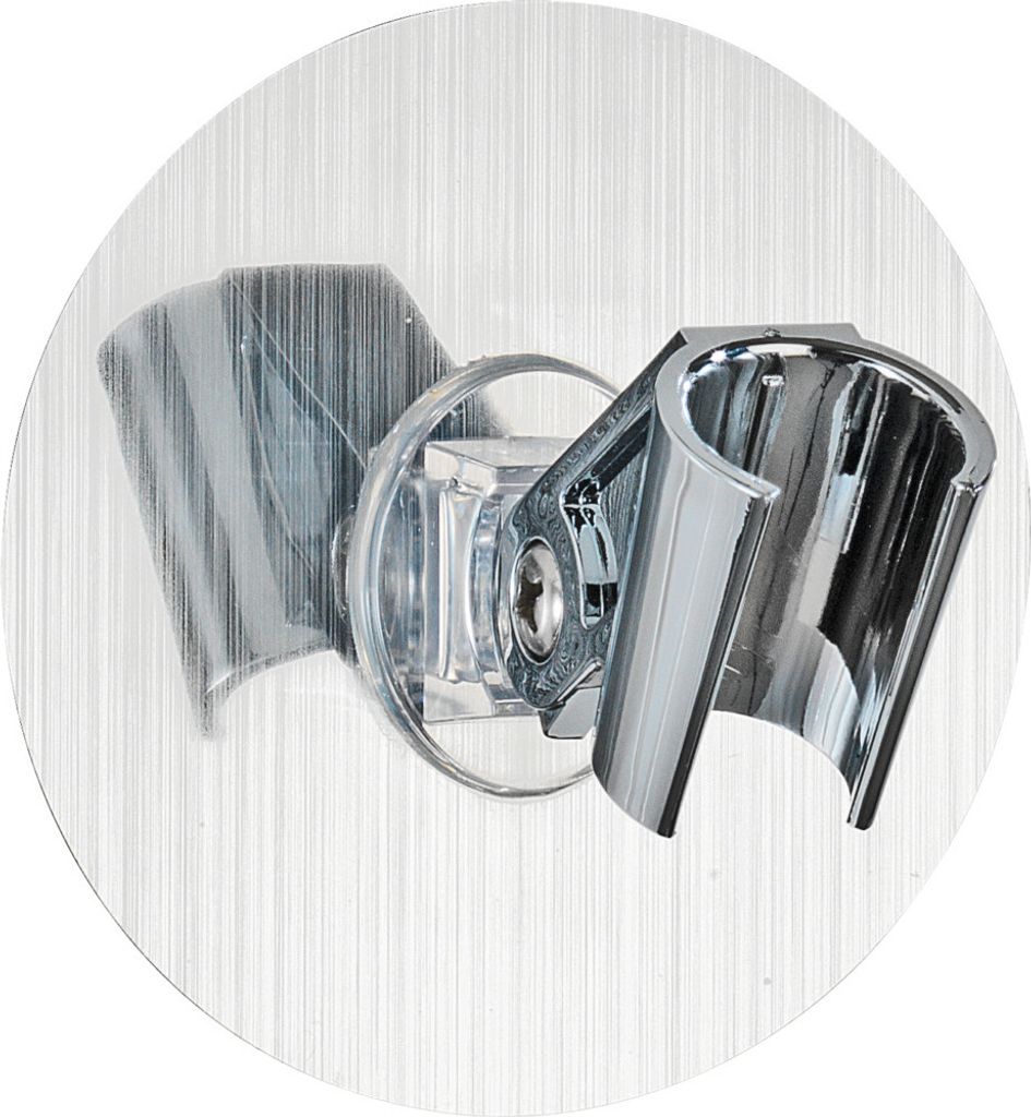 A close-up of a chrome shower head holder mounted on a brushed metal surface.