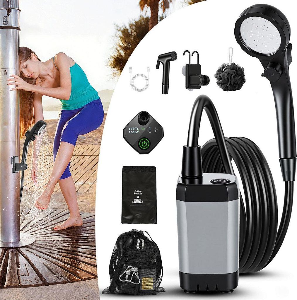 Izrielar Camping Dusche, 6000 mAh Tragbare Campingdusche mit 20L Falt-Eimer und Duschkopf, Außendusche für Garten, Camping, Haustier und Strand