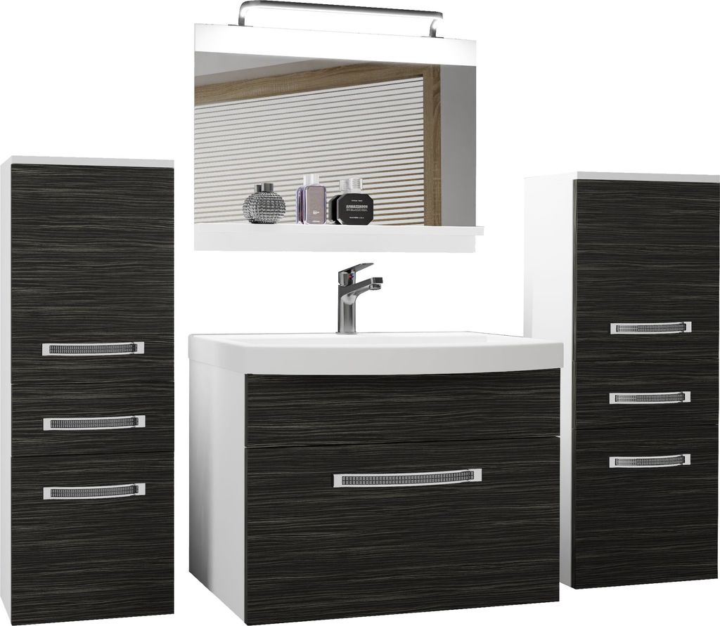BELINI Badmöbel Vollausstattung Set Waschbeckenschrank, 2x kleiner Schrank, Waschbecken, Spiegel, Lampe (Königliches Ebenholz, Matt)