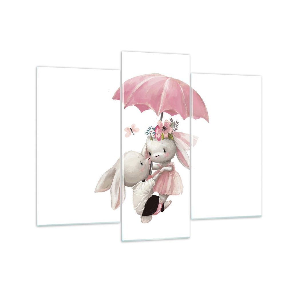 Bilder auf glas - 3 Teile - Hasen Regenschirm Kinder - 130x100cm - Glasbilder - Wandbilder - Bilder - zum Aufhängen bereit - Wanddekoration aus Gl...