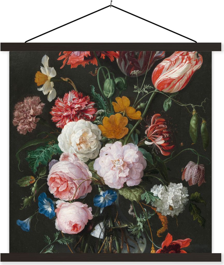 MuchoWow Textilposter Stilleben mit Blumen in einer Glasvase - Gemälde von Jan Davidsz. de Heem 90x90 cm mit schwarzem Rahmen - Magnetisches