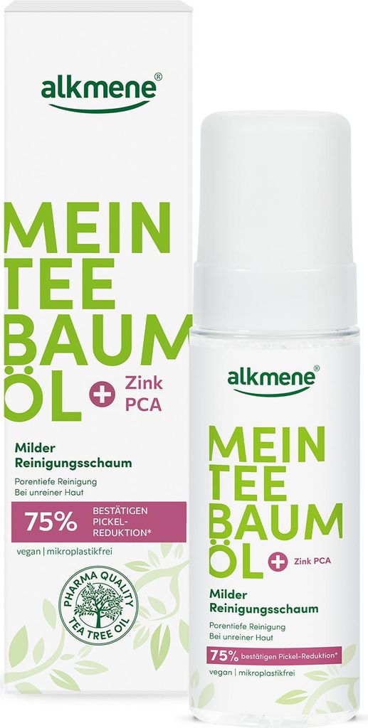 alkmene Mein Teebaumöl Reinigungsschaum Gesicht 150 ml Pickel Reduktion 75% bestätigt - naturreines Teebaumöl & vegan