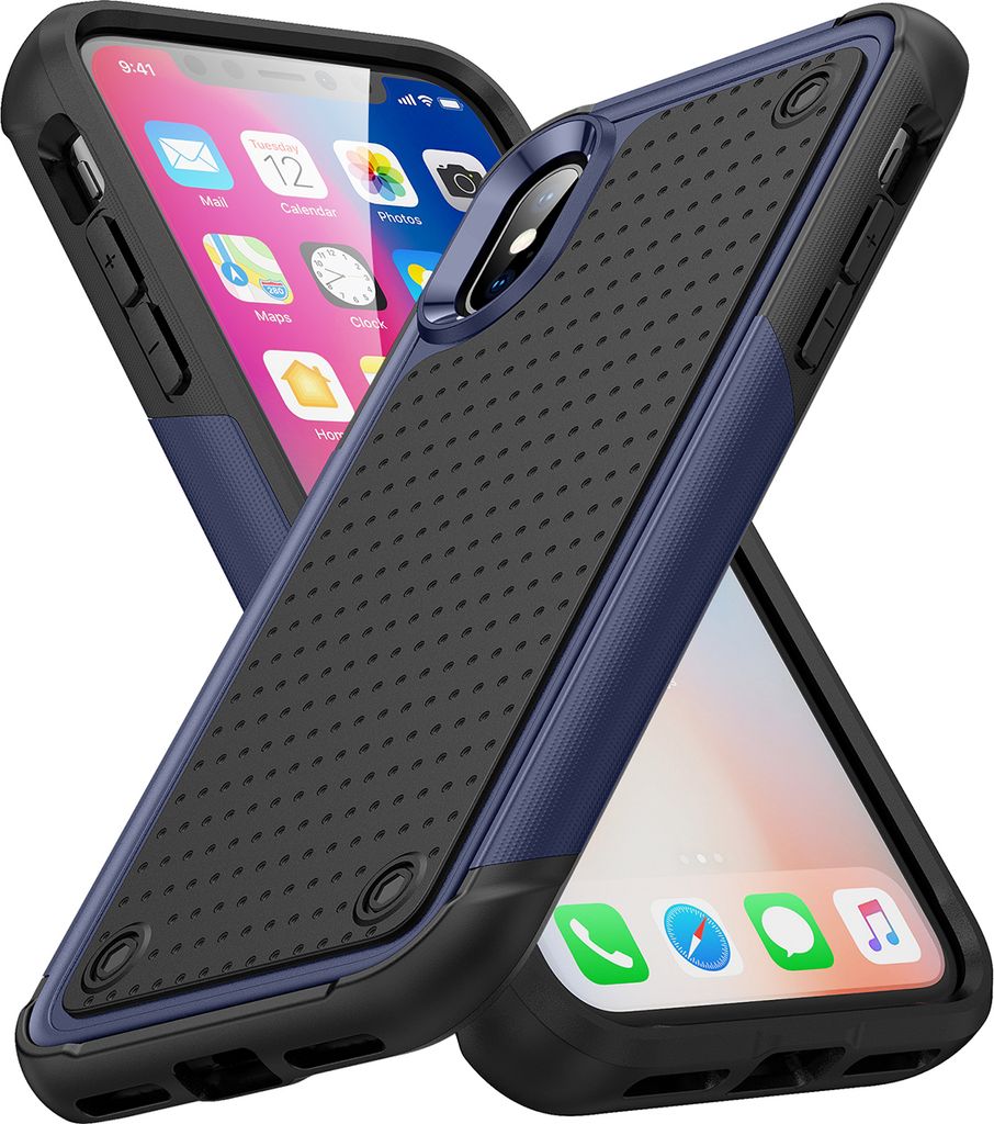 Für iPhone XS /iPhone X Hülle Militärqualität Stoßfest Hybrid 2 in 1 Hart PC Weich TPU Handyhülle Blau Schwarz