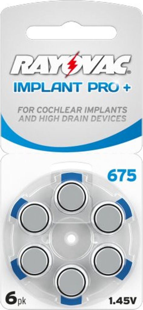 Rayovac Implant Pro+ Plus Hörgerätebatterien Gr. 675 PR44 Blau 6er Blister Cochlear Implantat 675CP-6IMPMF