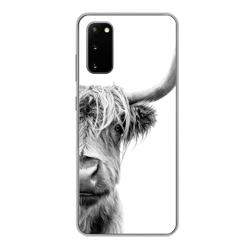 MuchoWow Handyhülle Schutzhülle Hülle für Samsung Galaxy S20 Schottischer Highlander - Tiere - Schwarz - Weiß Silikon Softcase Handy Hülle ...