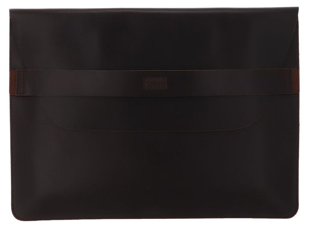 A dark brown leather laptop sleeve with a strap across the front.