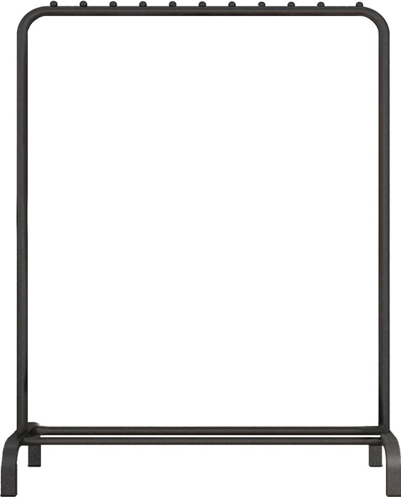 A black metal garment rack with a shoe shelf.