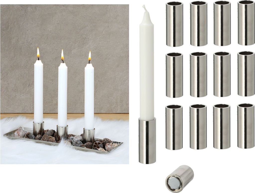 Novaliv 12x Stabkerzenhalter magnetisch SILBER 2,5x7,5cm Stabkerzen Tischdekoration Adventskranz candle holder Wohnzimmerdeko Weihnachten Dekotable...