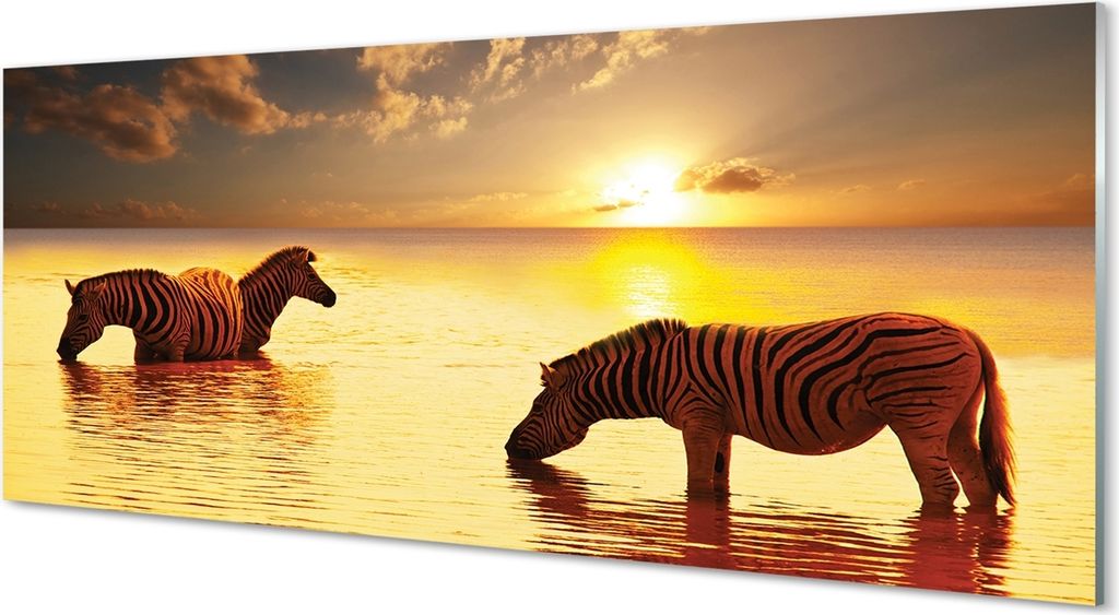 Glasbilder 125x50 Wandkunst Zebras Wasser Sonnenuntergang