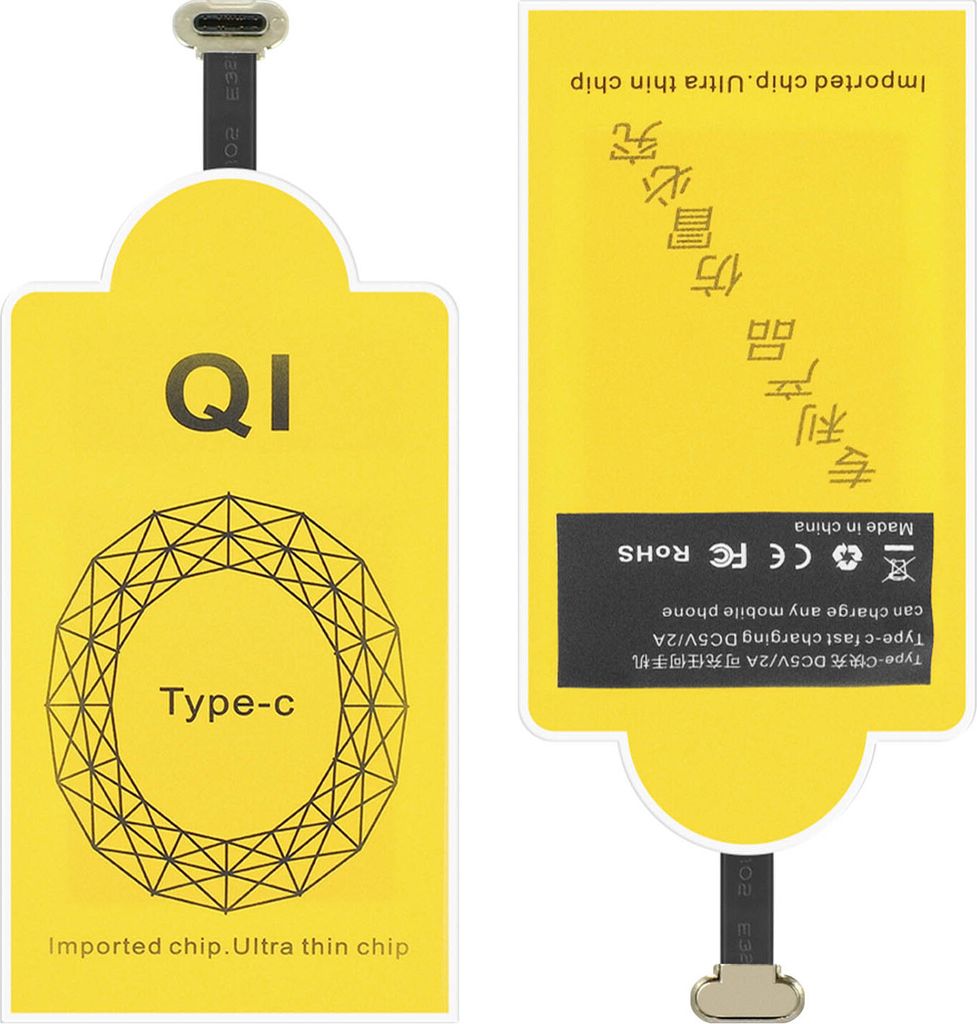 Two views of a yellow QI wireless charging receiver with a black USB-C connector.