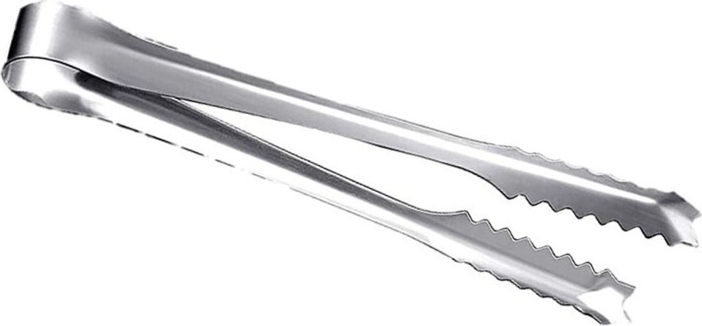 A pair of stainless steel tongs on a white background.