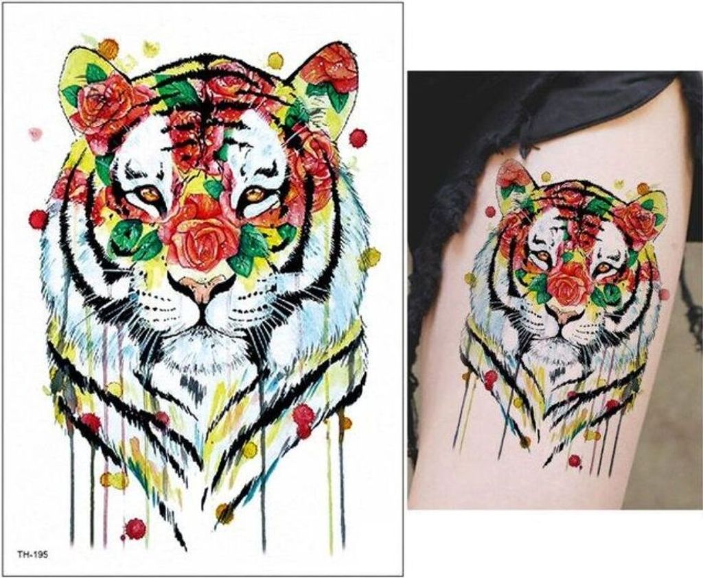 Temporäres Tattoo Tiger Bunt Rosen Design Temporary Klebetattoo Körperkunst
