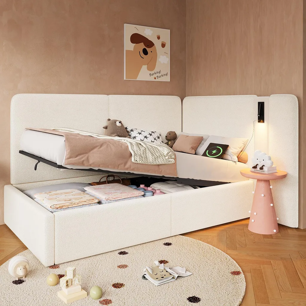 Lit de jour en tissu bouclé beige avec port USB et coffre de rangement