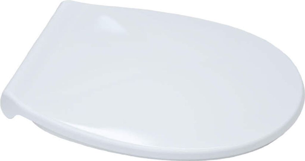 A white toilet seat lid is shown from a slightly elevated side angle against a white background.
