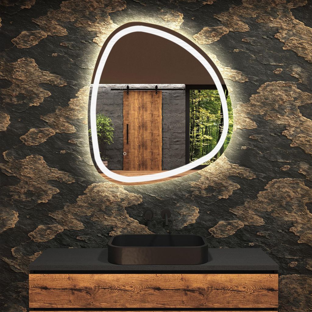 Badezimmerspiegel mit LED-Beleuchtung 74x74 cm – Asymmetrisch, Sensorschalter, Kaltweiß – EGG222