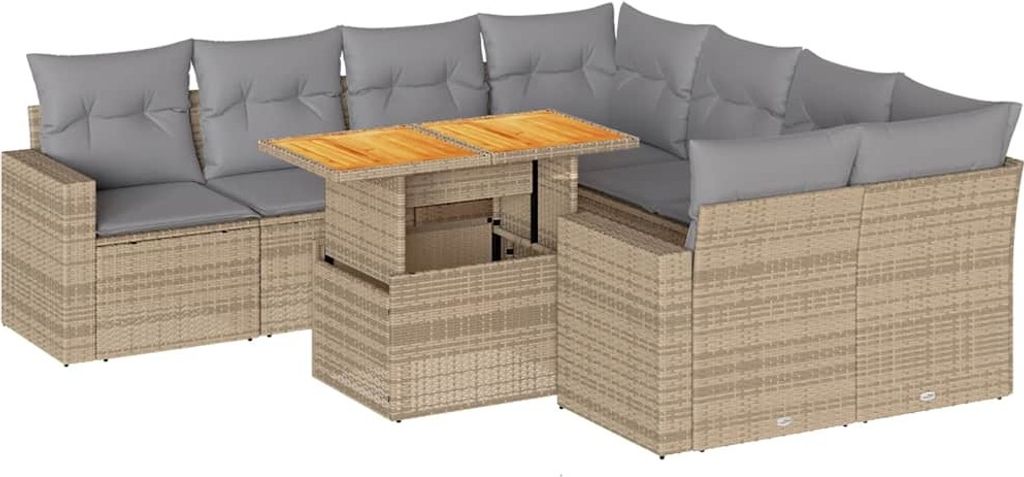 vidaXL 9-tlg. Garten-Sofagarnitur mit Kissen Beige Poly Rattan