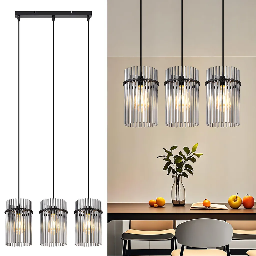 ZMH lampada a sospensione nera a sospensione tavolo da pranzo - luce a sospensione 3 fiamme E27 lampada vintage sala da pranzo a sospensione paralume in vetro Ø 16 per cucina bar caffè soggiorno (senza lampadina)