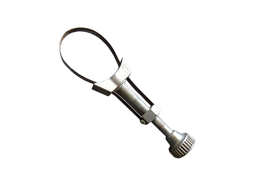 A silver adjustable oil filter wrench on a white background.