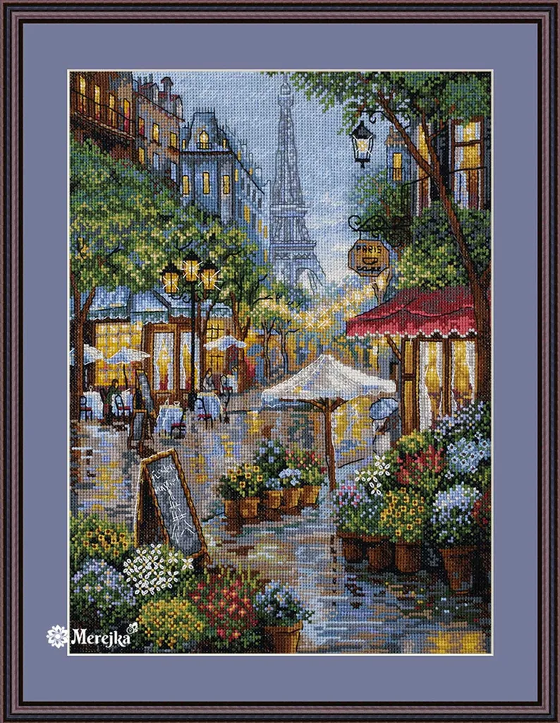 Merejka Paris sous la pluie : Kit point de croix compté de 21x29 cm