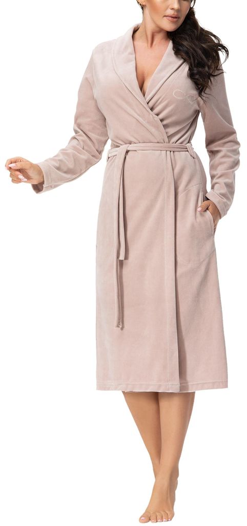 Aquarti Damen Velours Bademantel Nicki Morgenmantel mit Schalkragen zum Binden, Farbe: Beige, Größe: L
