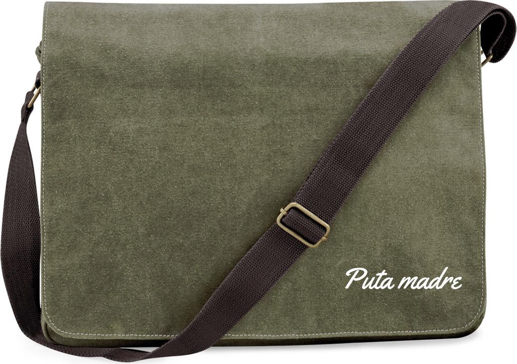 Huuraa Umhängetasche Puta madre spanisch Schriftzug 14 Liter Military Green Canvas Laptoptasche Geschenkidee