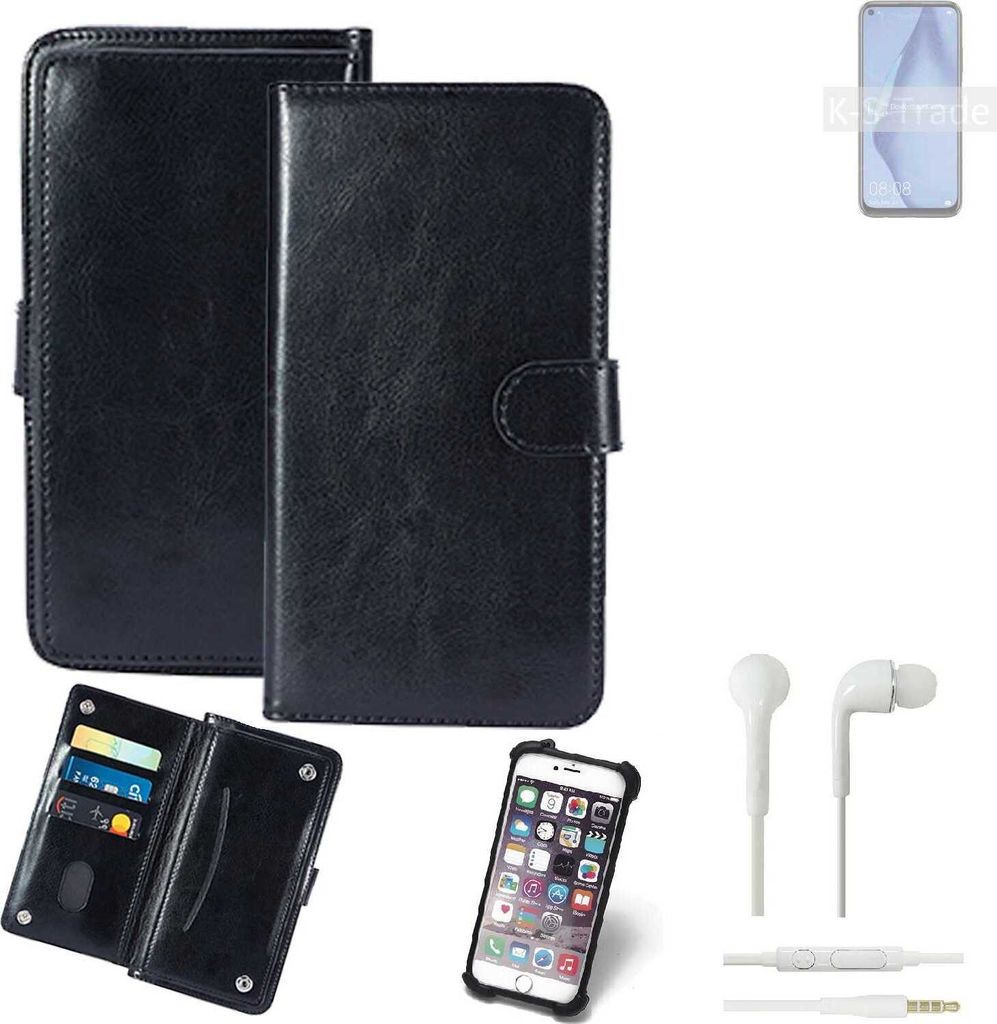 K-S-Trade 360° Hülle kompatibel mit Huawei P40 Lite inkl. Headphones schwarz Kunstleder Case BookCase WalletCase Kunstlederederhülle Handyhülle,