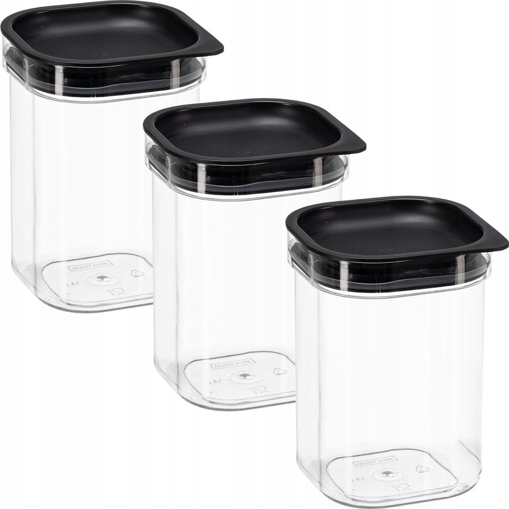 Three clear plastic food storage containers with black lids are arranged diagonally on a white background.