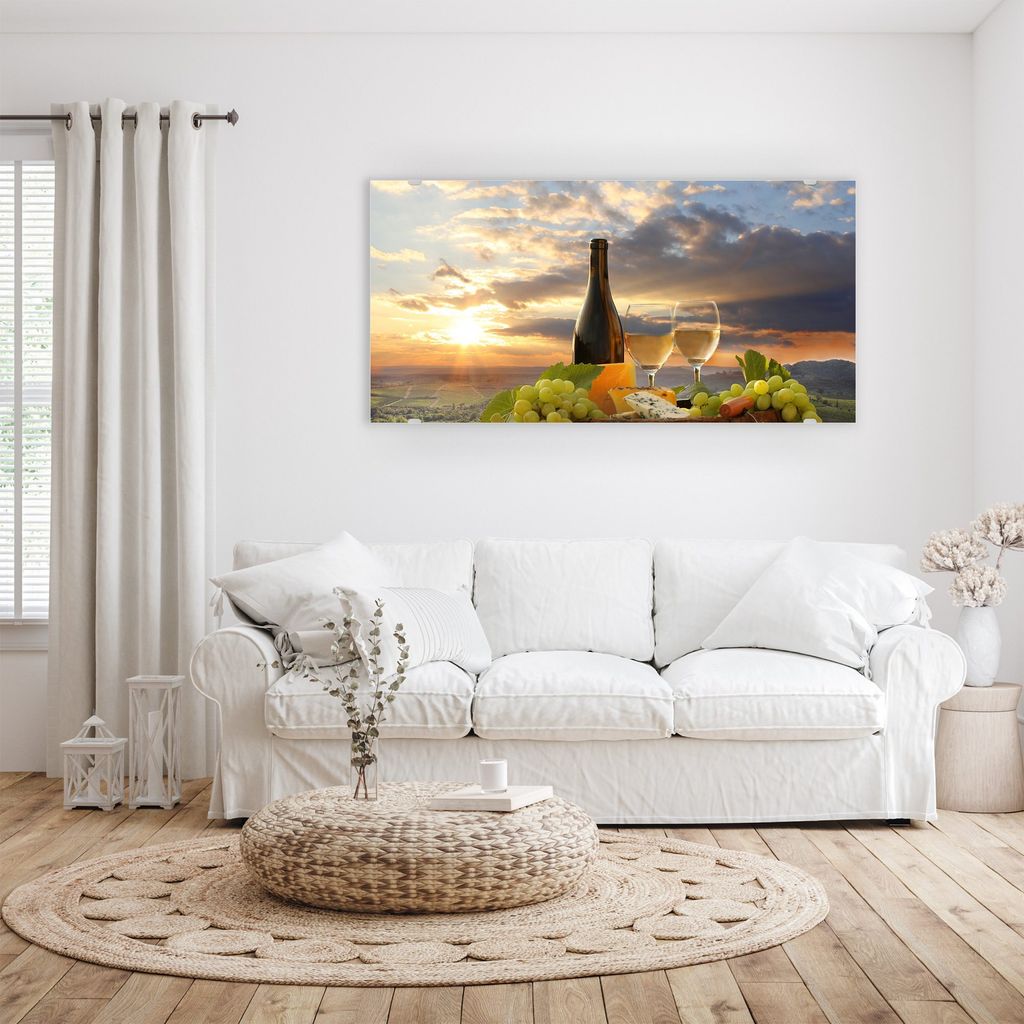 Glasbild Wandbild Weisswein mit Barrel 80x40cm in XXL für Wohnzimmer, Schlafzimmer, Badezimmer, Flur