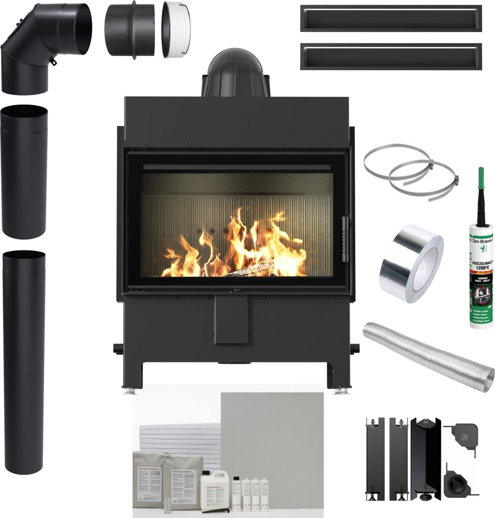 Luftheizkamin-Einsatz KRATKI LUCY 14 kW Ø200 SCHWARZ ECO Einbauset