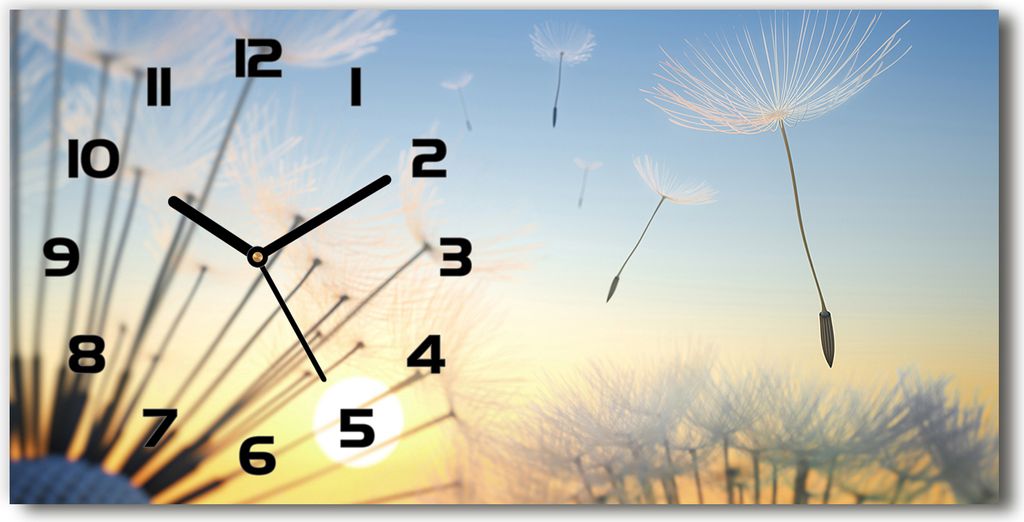 Wanduhr aus Glas – 60x30 cm - Glasbild - Glasuhr - Gehärtetes Glas - schwarze-zeiger - Löwenzahn Samen