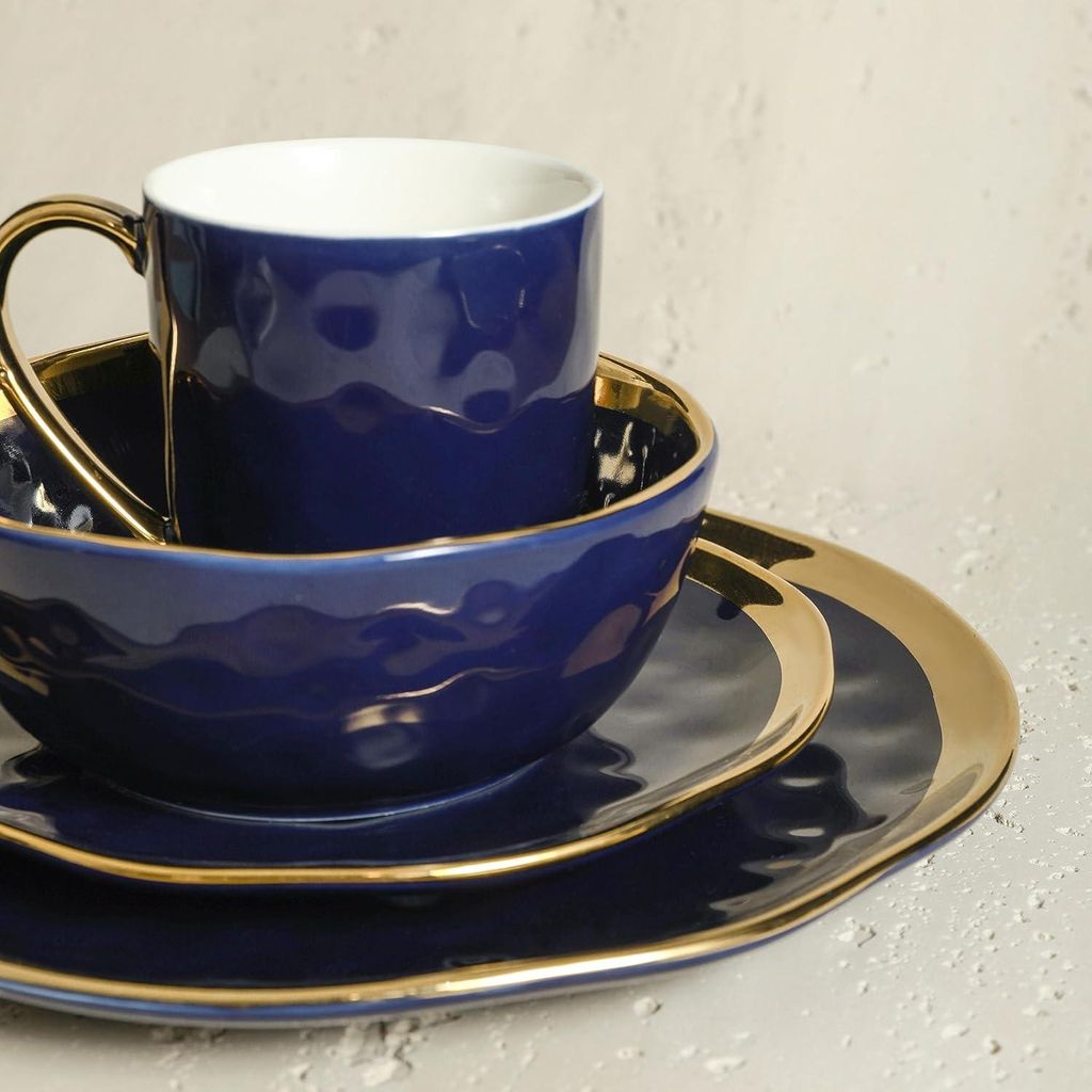 16-teiliges Porzellan-Service-Set für 4 Personen mit blauer und goldener Rand
