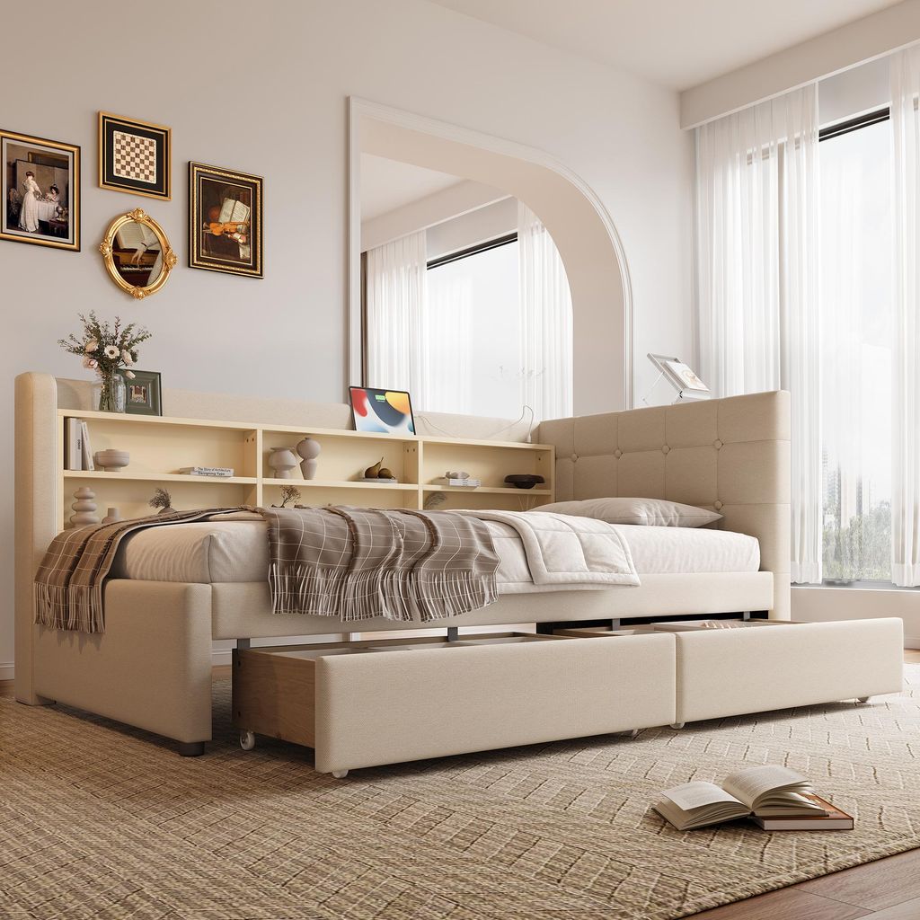 Sweiko Daybett, 90x200cm, Tagesbett, Schlafsofa, mit 2 Schubladen, USB + Typ C, mehreren Ablagefächern, Bett mit Lattenrost (ohne Matratze), Leine...