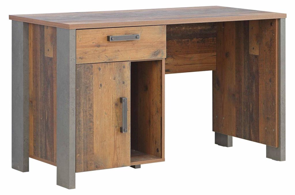 Schreibtisch CLIF 1-trg. 1 Schublade in Old Wood Vintage mit Holzgestell und dunkelgrauen Betonoptik-Füßen, Gesamtansicht.