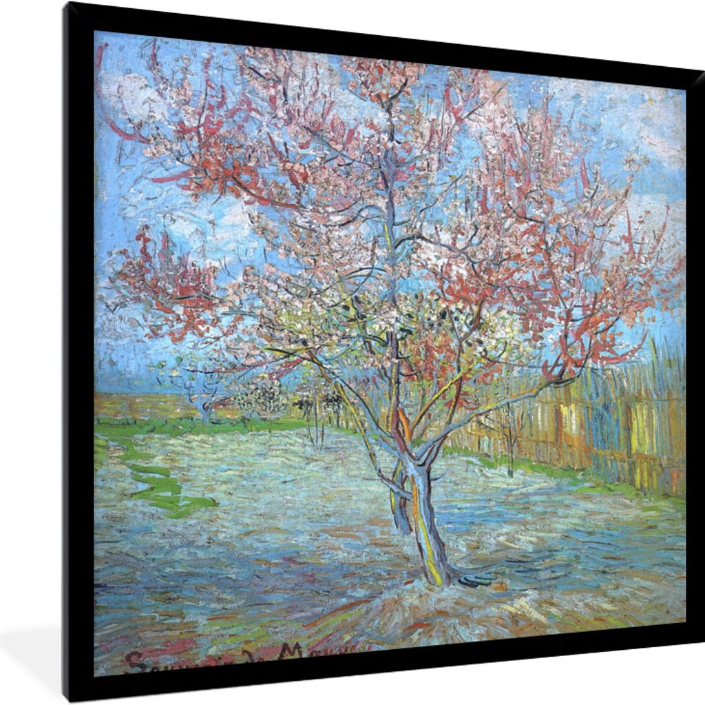 MuchoWow Gerahmtes Poster Der rosa Pfirsichbaum - Vincent van Gogh 40x40 cm - Poster mit Schwarzem Bilderrahmen Wandposter Rahmen Foto Bilder - M...