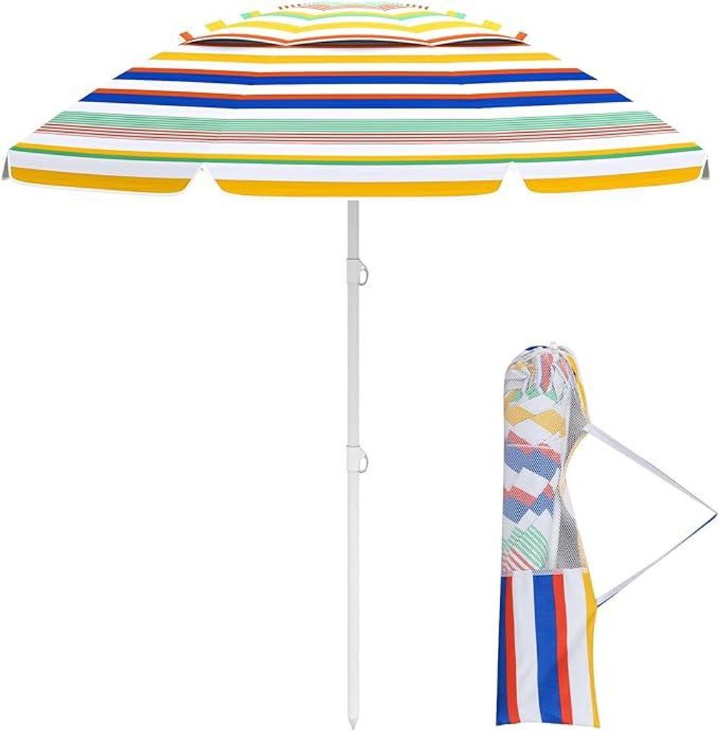 KOMFOTTEU 200cm Sonnenschirm Strand tragbar mit Sonnenschutz, Gartenschirm Leichtgewicht mit Tragetasche, Sandanker, Balkonschirm mit Druckknopfnei...