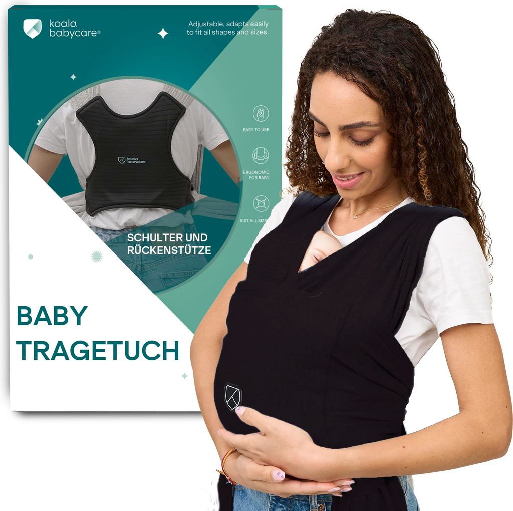 Koala Babycare Tragetuch Baby Neugeborene - Einfach Anzuziehen für Mütter und Väter - Babytrage Multi-Use Bis 9kg - Babytragetuch Schwarz