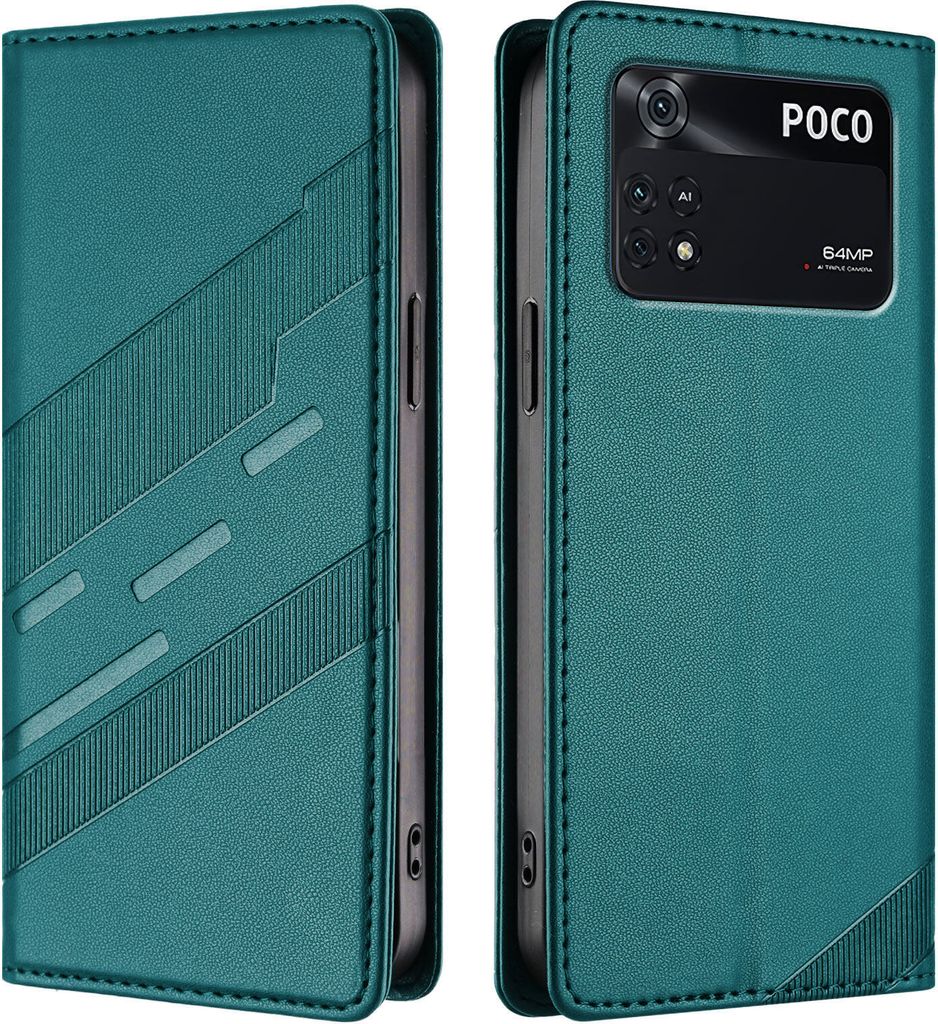 Hülle für Xiaomi Poco M4 Pro 4G, Kunstleder Brieftaschen Handyhülle mit Kartenfach und Standfunktion Grün
