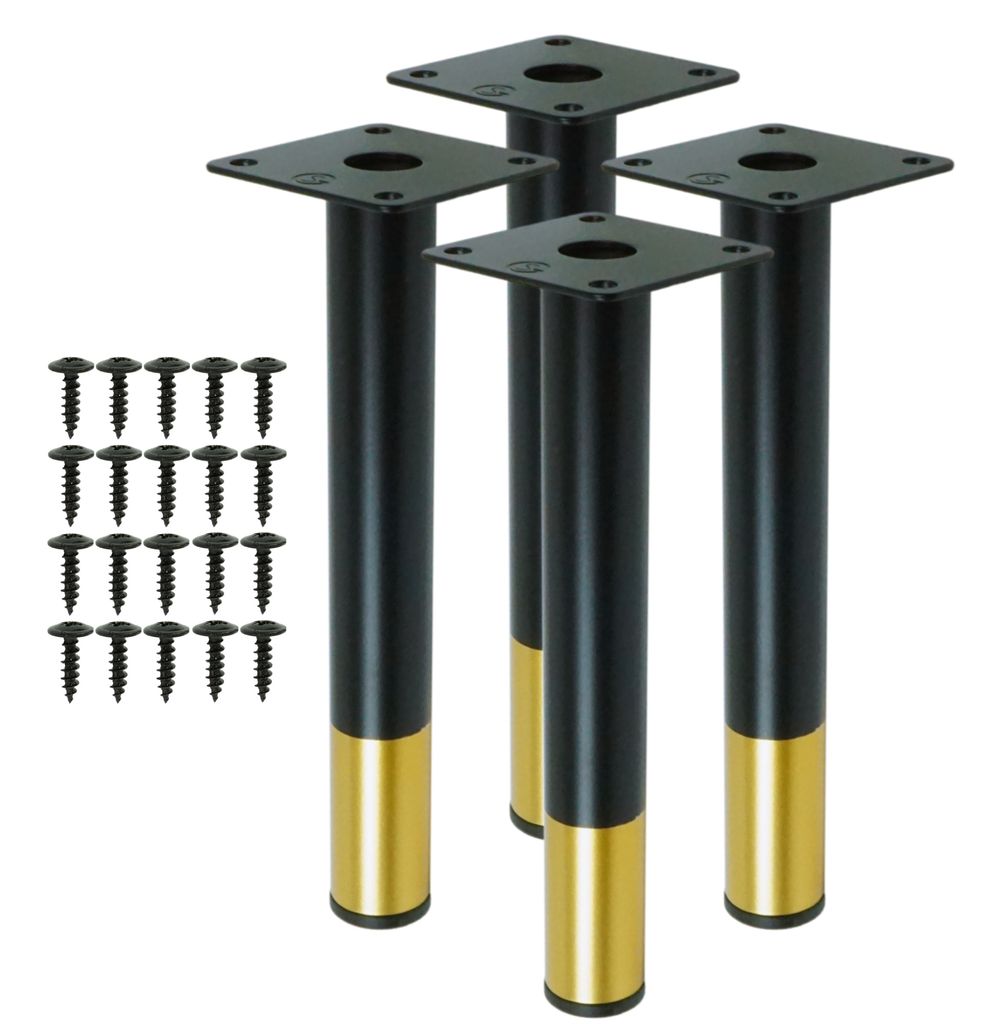 Stahl Möbelbeine rund 19,6 cm, Set mit Schrauben, mattschwarz + gold, 4 Stück