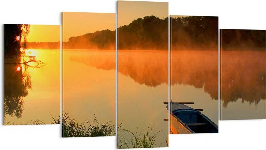 Bild auf Leinwand - Leinwandbild - Morgen Nebel See Landschaft - 160x85cm - Wand Bild - Wanddeko - Leinwanddruck - Bilder - Kunstdruck - Wanddekora...