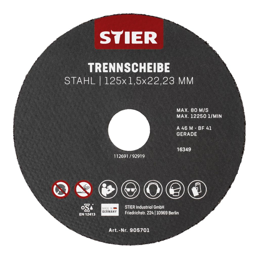 STIER Trennscheiben Stahl, Maße: 125 x 1,5 x 22,23; Form 41; gerade Ausführung; 25 Stück, für Winkelschleifer jeder Art; Für Edelstahl, Stahlg...