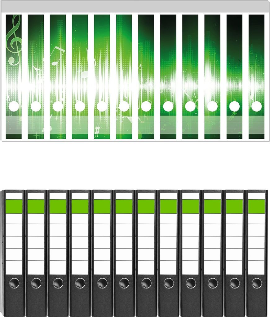 Wallario 12 Stück schmale Ordner inkl. Klebeetiketten mit Motive Grüne Noten der Musik - Set mit Rückenschildern / Ordnerrücken Stickern