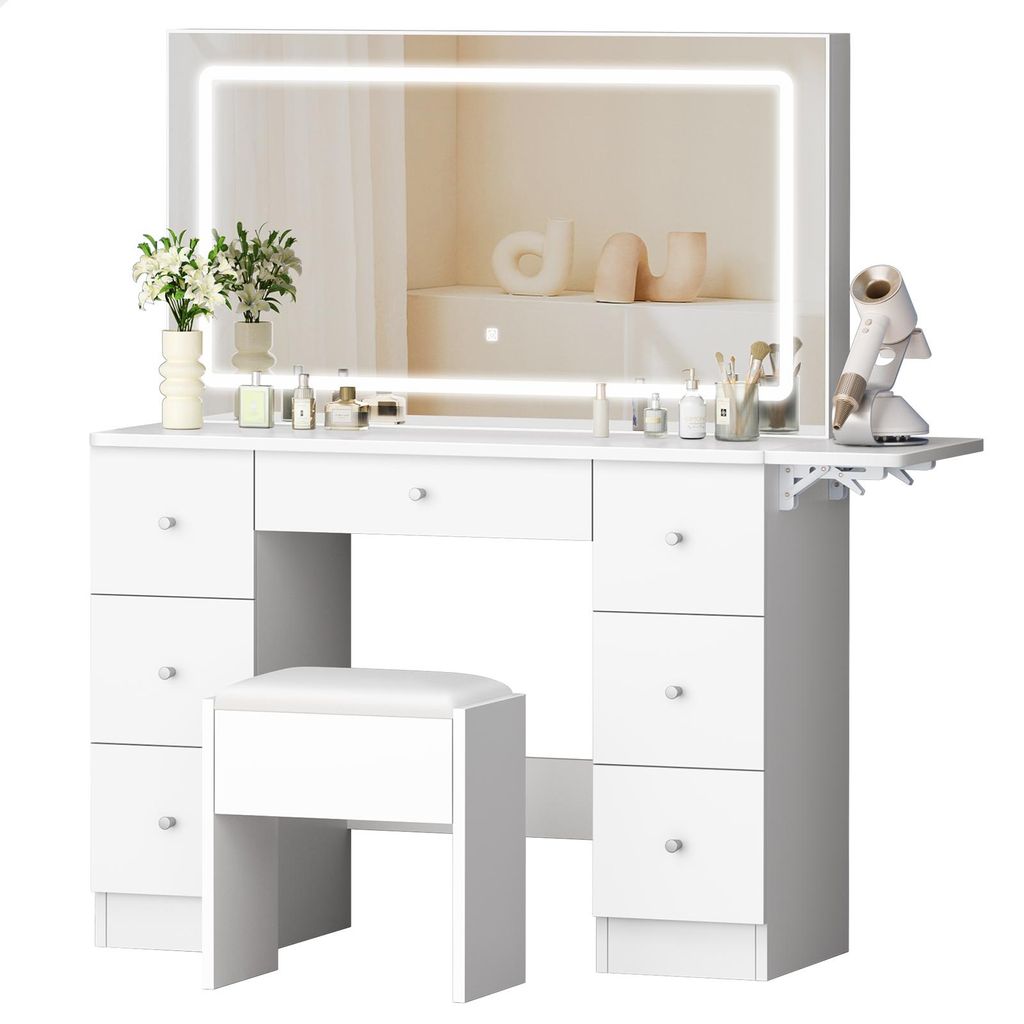ALFORDSON Schminktisch mit Spiegel, 7 Schubladen und Steckdosen, Schminktisch-Set mit Stauraumhocker und klappbarer Tischplatte, Weiß