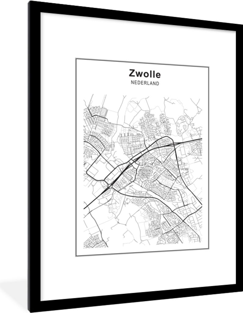 MuchoWow Gerahmtes Poster Stadtplan - Zwolle - Schwarz und weiß 60x80 cm - Poster mit Schwarzem Bilderrahmen Wandposter Rahmen Foto Bilder - Woh...