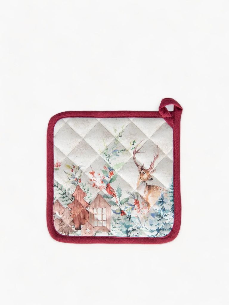 Clayre & Eef Topflappen 20x20 cm Weiß Rot Baumwolle Hirsch