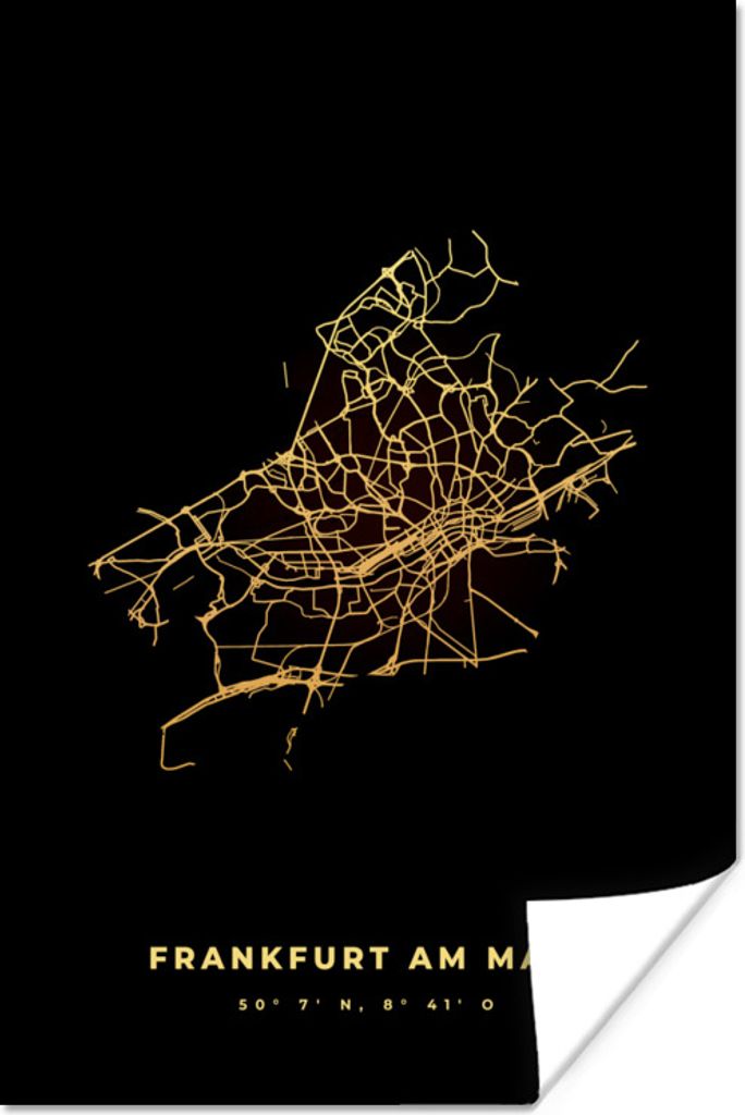 MuchoWow Poster Frankfurt - Karte - Gold - Stadtplan 60x90 cm - Wanddekoration