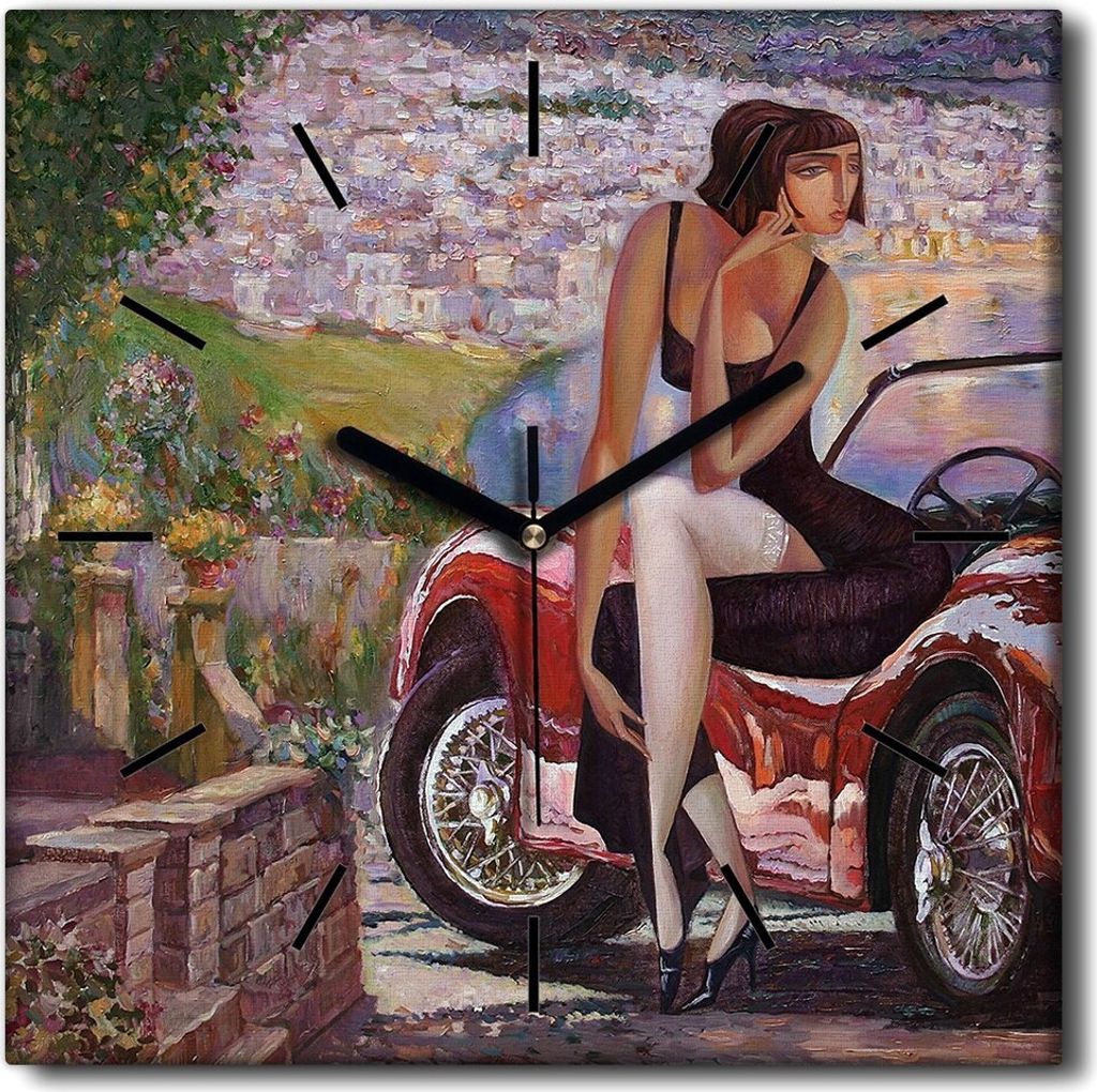 Coloray Uhr auf Leinwand 30x30 cm Wand Uhr Dekoration Wohnzimmer Segeltuch schwarze Hände -Retro Auto-Frau-Hund